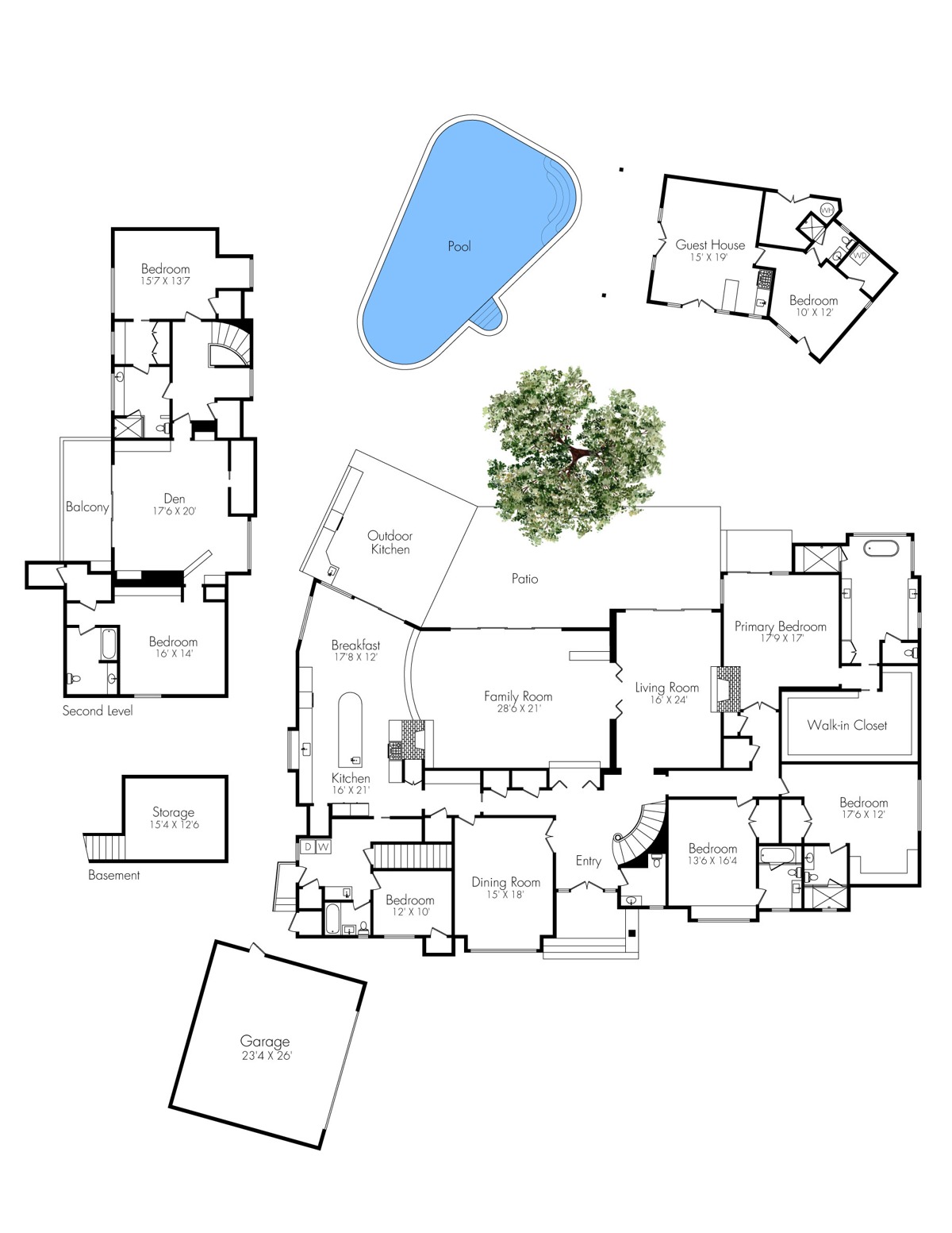 Woodvale floor plan showing rooms, dimensions, guest spaces and pool; street address removed